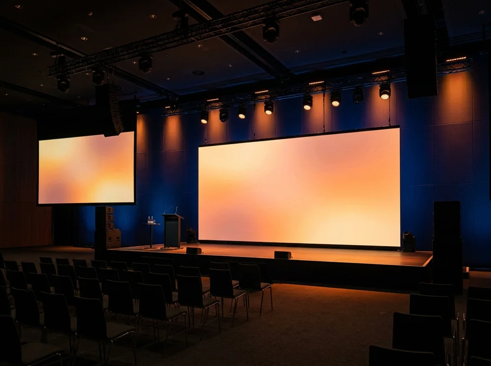 Large LED video wall and projection screen on a corporate event stage